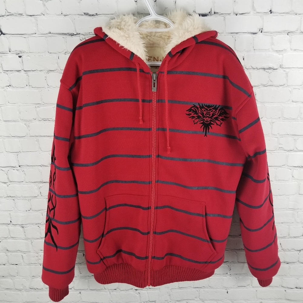Red Striped Hooded Bomber Jacket with Sherpa Trim